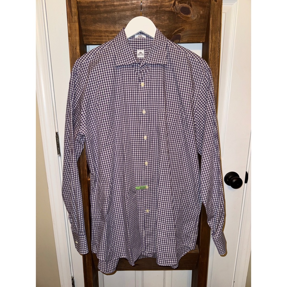 Peter Millar Men Large Gingham Check Button Down Dress Shirt Purple White Cotton